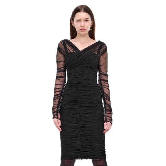 NWT Dolce & Gabbana Black Draped Stretch Cotton Tulle Midi Dress 40 S - Picture 1 of 13